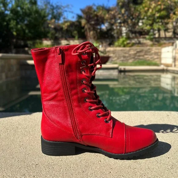 New True Red Lace Up Military Combat Moto Ankle Boots Booties Low Block Heel Zip - Picture 4 of 5